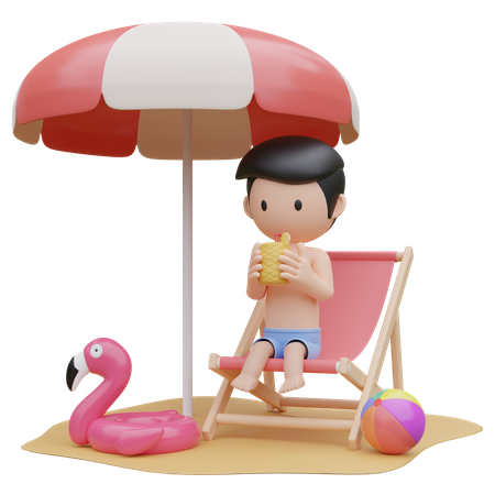 Garoto bonito sentado e relaxando na cadeira de praia na praia no verão  3D Illustration