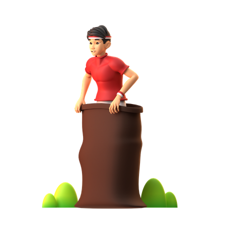 Menino indonésio fazendo tradicional corrida de sacos no Dia da Independência da Indonésia  3D Icon