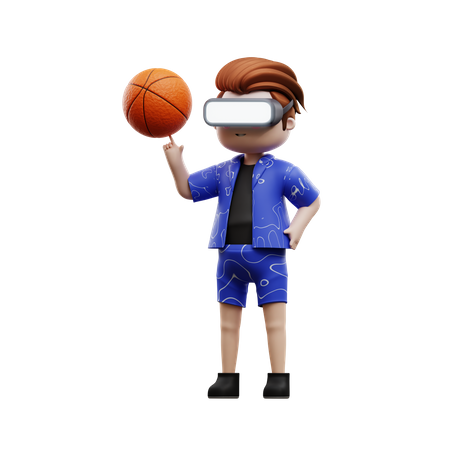 Menino jogando basquete usando fone de ouvido VR  3D Illustration