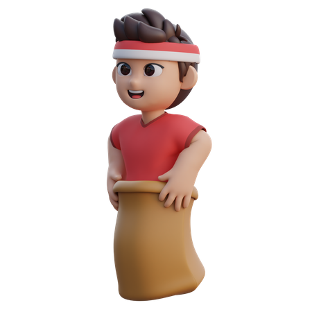 Menino brincando de corrida de saco  3D Illustration