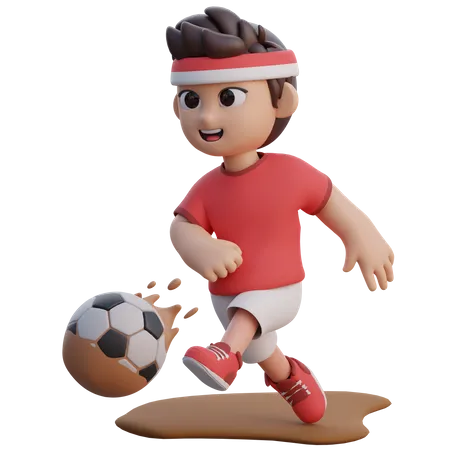 Menino jogando futebol na lama  3D Illustration