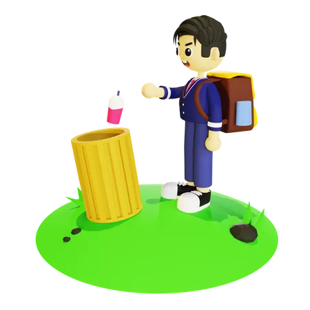 Menino jogando lixo na lixeira  3D Illustration