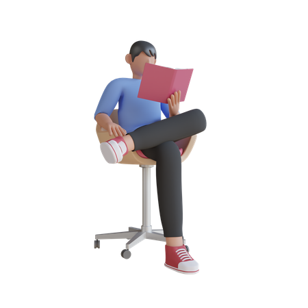 Menino lendo livro enquanto está sentado na cadeira  3D Illustration