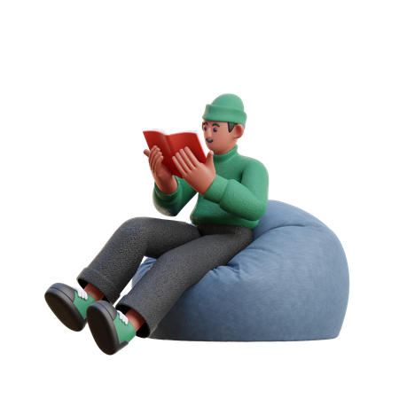 Menino lendo livro enquanto está sentado no pufe  3D Illustration