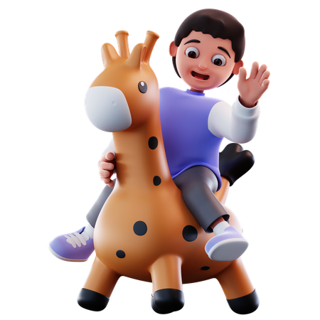 Menino monta uma girafa de brinquedo saltitante  3D Illustration