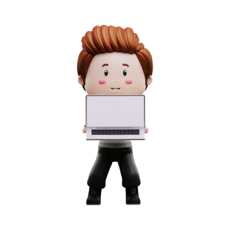 Menino mostrando a tela do laptop  3D Icon