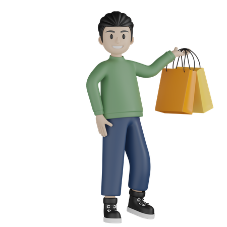 Menino mostrando sacolas de compras  3D Illustration