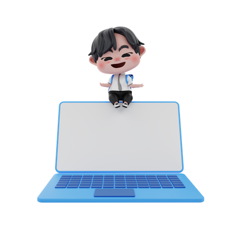 Menino mostrando a tela do laptop em branco  3D Illustration