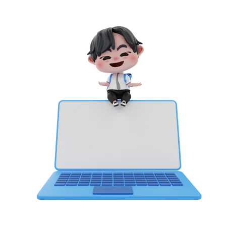 Menino mostrando a tela do laptop em branco  3D Illustration