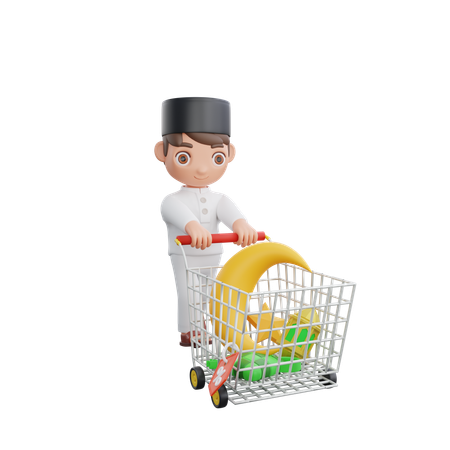 Menino muçulmano com carrinho de compras  3D Illustration