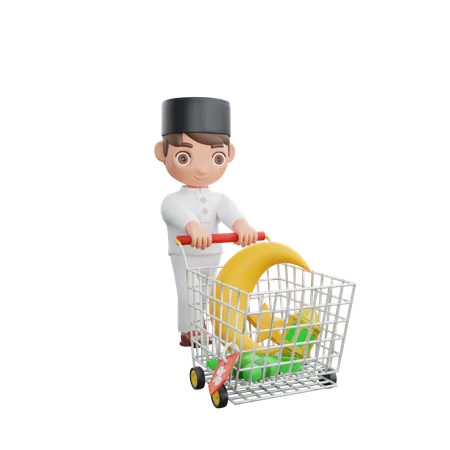 Menino muçulmano com carrinho de compras  3D Illustration