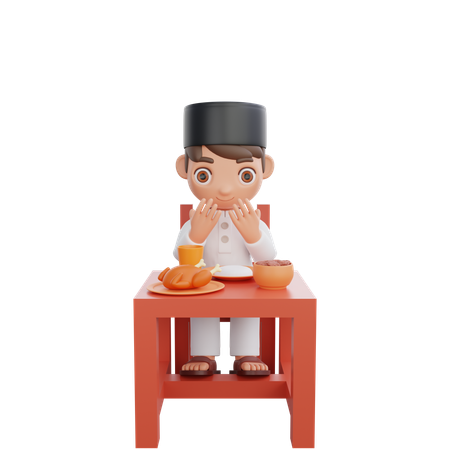 Menino muçulmano fazendo oração iftar  3D Illustration