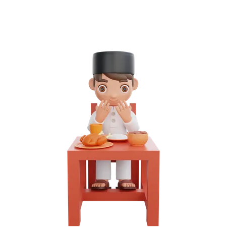 Menino muçulmano fazendo oração iftar  3D Illustration