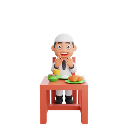 Menino muçulmano fazendo oração iftar  3D Illustration