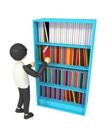 Ilustracao 3 D De Um Menino Pegando Um Livro Na Biblioteca 3D Illustration