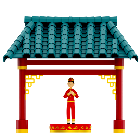 Menino rezando no templo chinês  3D Illustration