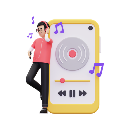 Garoto ouvindo música no aplicativo móvel  3D Illustration