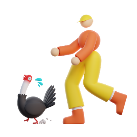 Garoto persegue galinha  3D Illustration