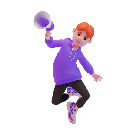 Menino pulando no ar com um megafone  3D Illustration