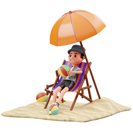 Menino relaxando na praia e segurando uma bola de praia  3D Illustration