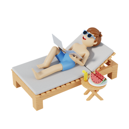 Menino relaxando na praia na cadeira  3D Illustration