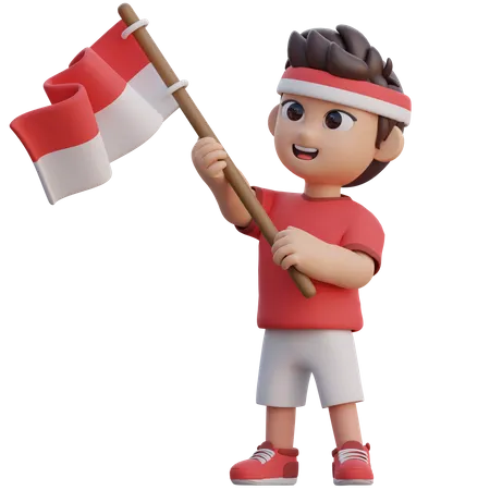 Menino segurando a bandeira da Indonésia  3D Illustration