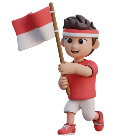 Menino segurando a bandeira da Indonésia  3D Illustration