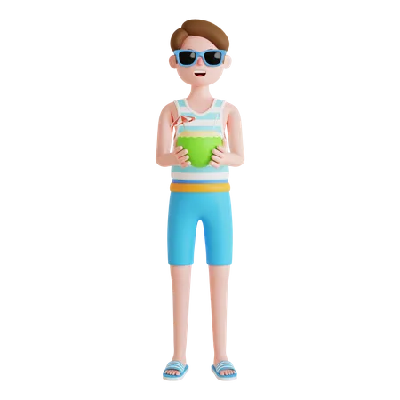Menino segurando bebida de coco  3D Illustration