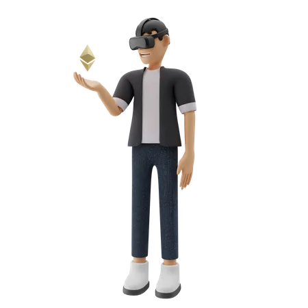 Menino segurando Ethereum usando tecnologia VR  3D Illustration