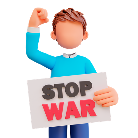 Garoto segurando cartaz de guerra de parada  3D Illustration