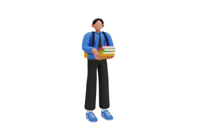 Personagem Masculino Segurando Uma Pilha De Livros 3D Illustration