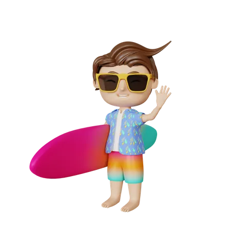 Renderizacao 3 D Menino Bonito No Verao Com Prancha De Surf 3D Illustration