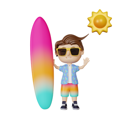 Menino segurando uma prancha de surf  3D Illustration