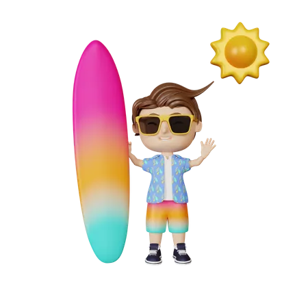 Menino segurando uma prancha de surf  3D Illustration