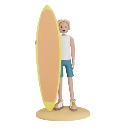 Menino segurando uma prancha de surf  3D Illustration