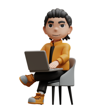 Menino sentado digitando no laptop  3D Icon