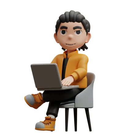 Menino sentado digitando no laptop  3D Illustration