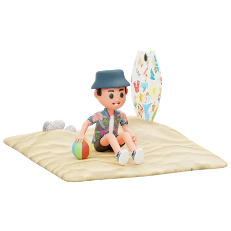 Menino sentado na areia e brincando com bola  3D Illustration
