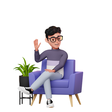 Menino sentado em um sofá acenando com a mão  3D Illustration