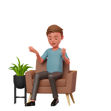 Menino sentado em um sofá pensando  3D Illustration