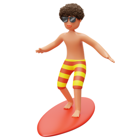 Menino surfando na praia  3D Illustration