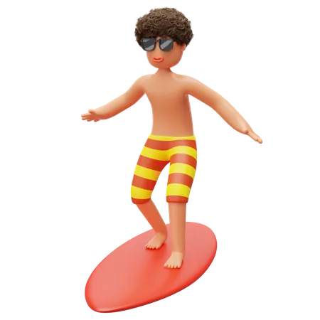 Menino surfando na praia  3D Illustration