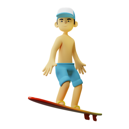 Garoto praticando surf na prancha de surf  3D Illustration