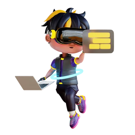 Menino trabalha no laptop  3D Illustration