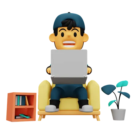 Menino trabalhando em casa  3D Illustration