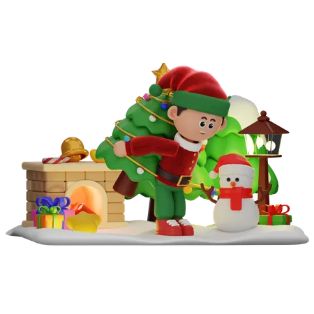 Menino traz árvore de Natal  3D Illustration