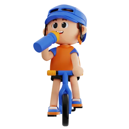 Menino usando capacete enquanto bebe água durante ciclismo  3D Illustration