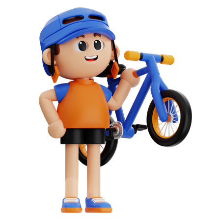 Menino usando capacete enquanto carrega bicicleta  3D Icon