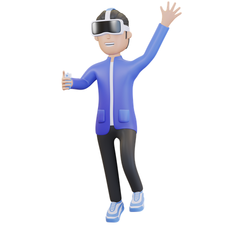 Menino usando fone de ouvido de realidade virtual e acenando com a mão  3D Illustration