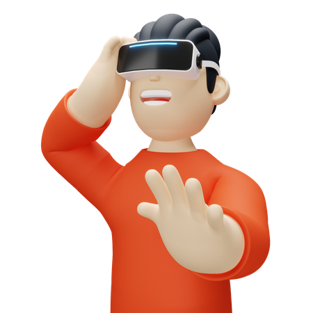 Menino usando fone de ouvido de realidade virtual e acenando com a mão  3D Illustration